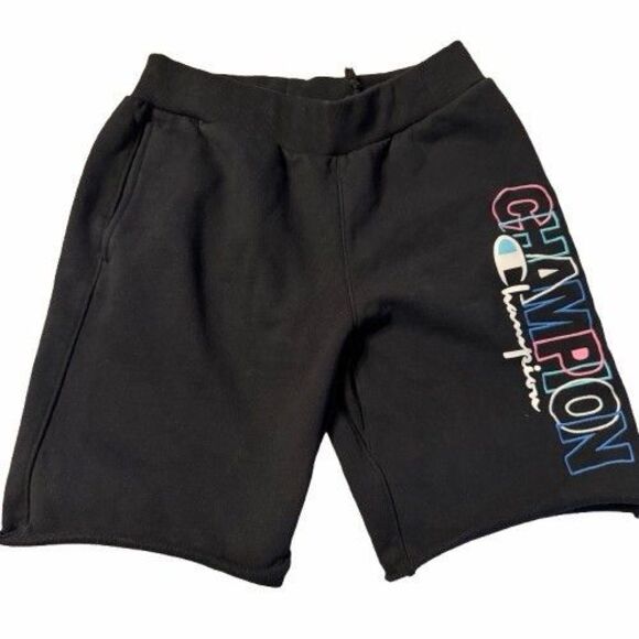 Champion Other - Champion Mens Medium Black Athletic Shorts Logo Graphic Gym Raw Hem Casual